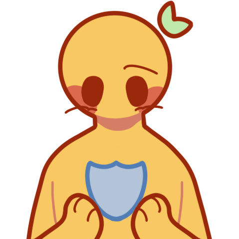 A yellow person with a leaf on the right side of their head looking down to their hands. They’re holding a shield.